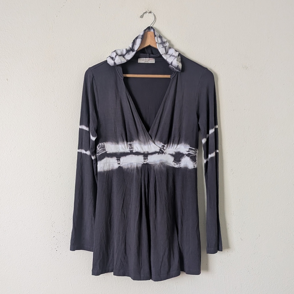 Boston Proper Sport Tie Dye Hooded Top Medium Charcoal Gray White Modal Blen